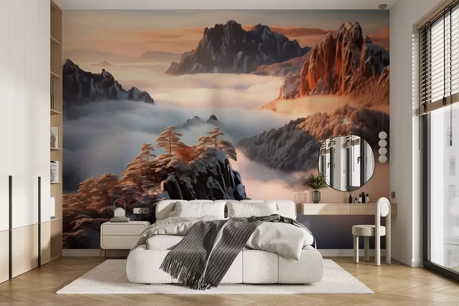 wall murals Charming mountain landscape with mist and trees w08807