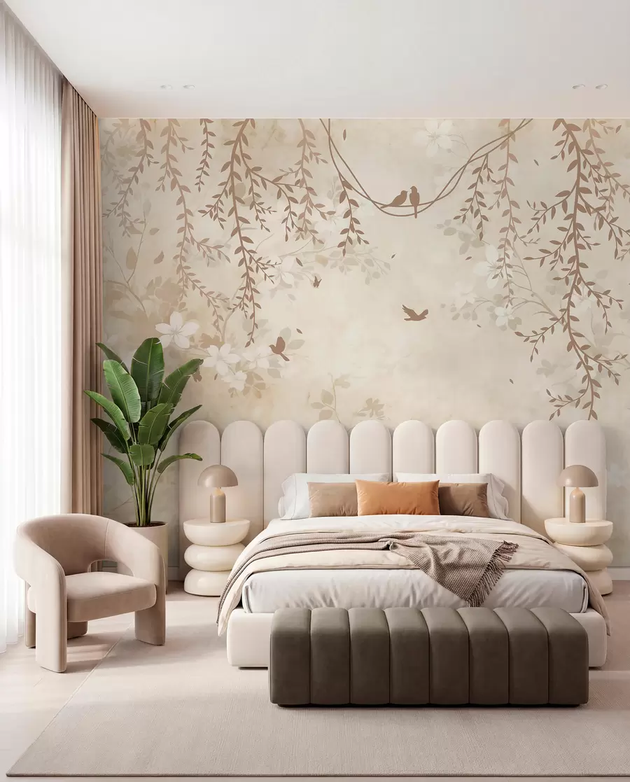 wall murals Birds with hanging plants and a floral pattern in light beige-cream tones w08809