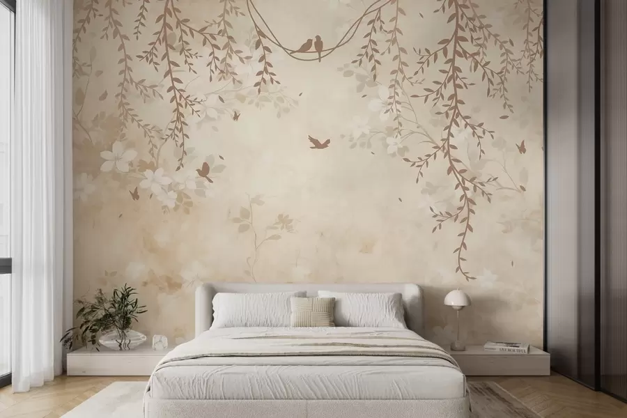 wall murals Birds with hanging plants and a floral pattern in light beige-cream tones w08809