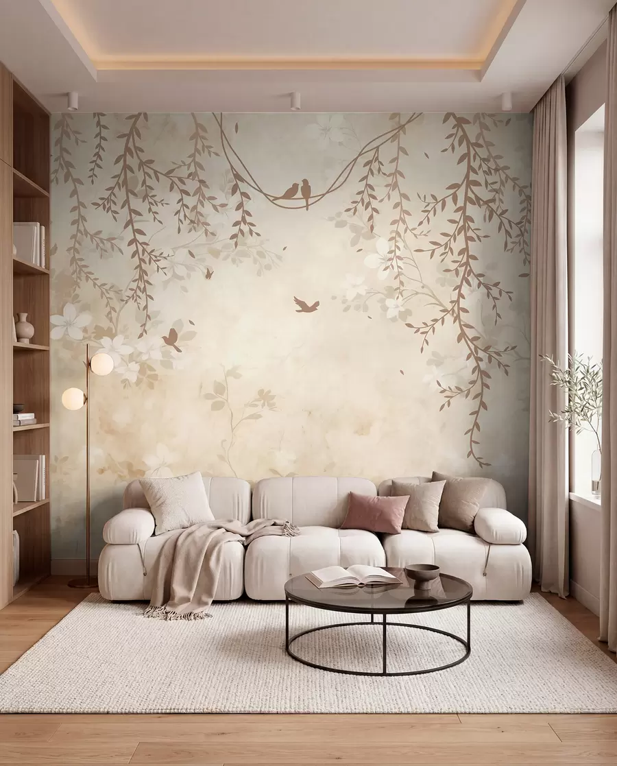 wall murals Birds with hanging plants and a floral pattern in light beige-cream tones w08809