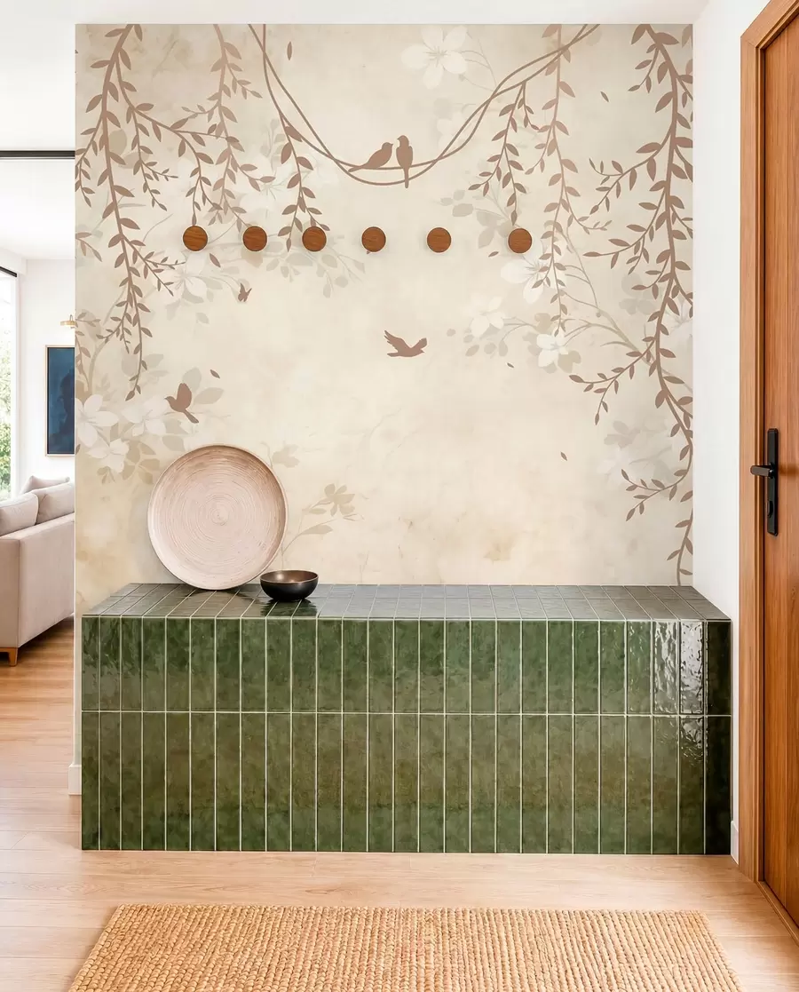 wall murals Birds with hanging plants and a floral pattern in light beige-cream tones w08809