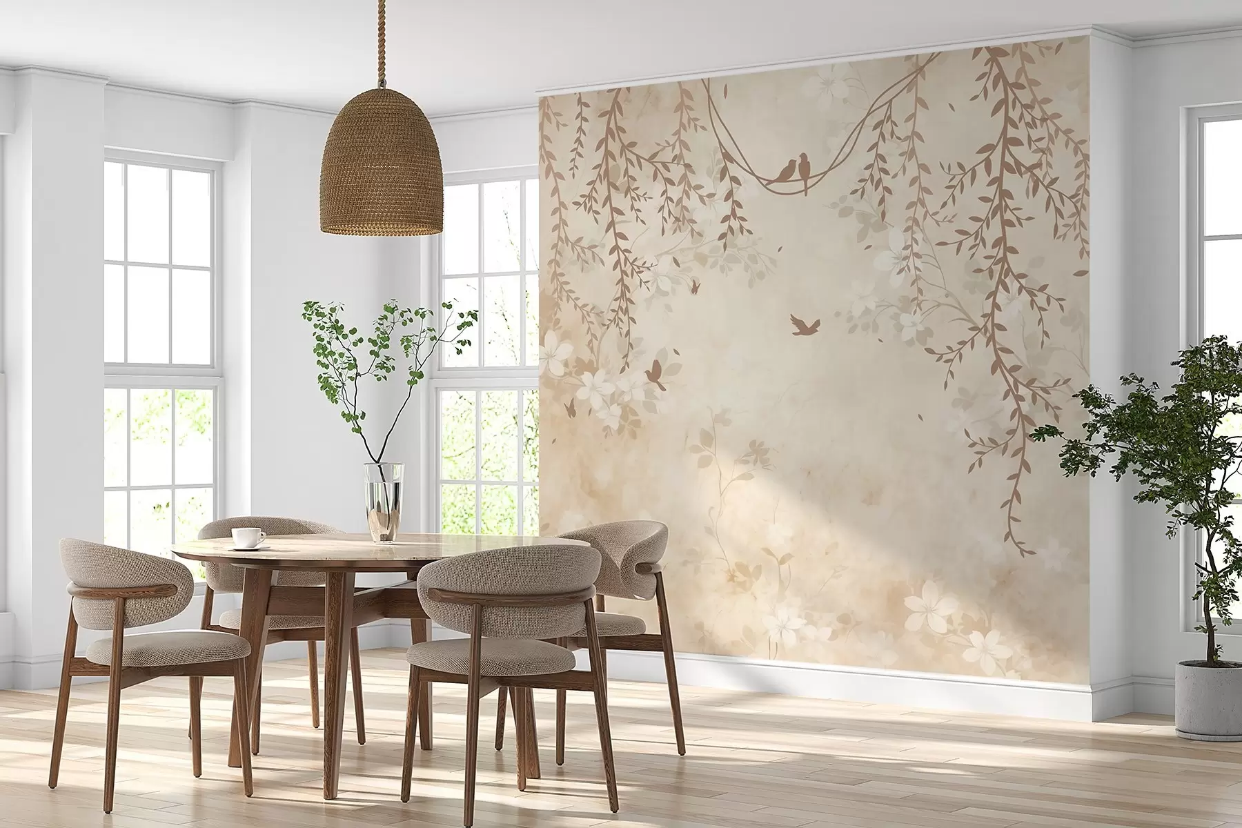 wall murals Birds with hanging plants and a floral pattern in light beige-cream tones w08809