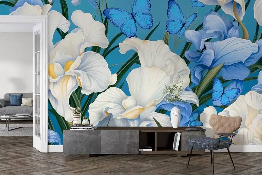 wall murals White irises on a blue background with blue butterflies w08810