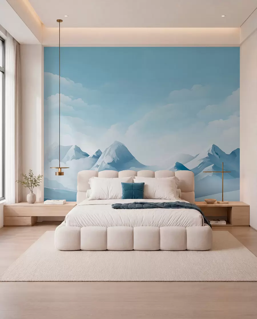 wall murals Minimalistic blue clouds and mountains, icy weather w08811