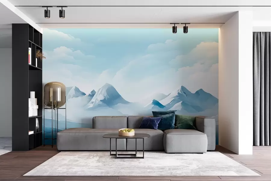 wall murals Minimalistic blue clouds and mountains, icy weather w08811