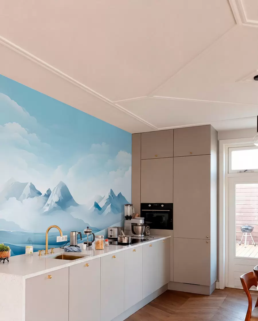 wall murals Minimalistic blue clouds and mountains, icy weather w08811