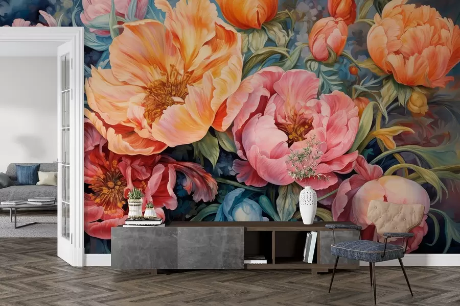 wall murals Tulips and peonies, a floral composition in an oil brushstroke style w08817