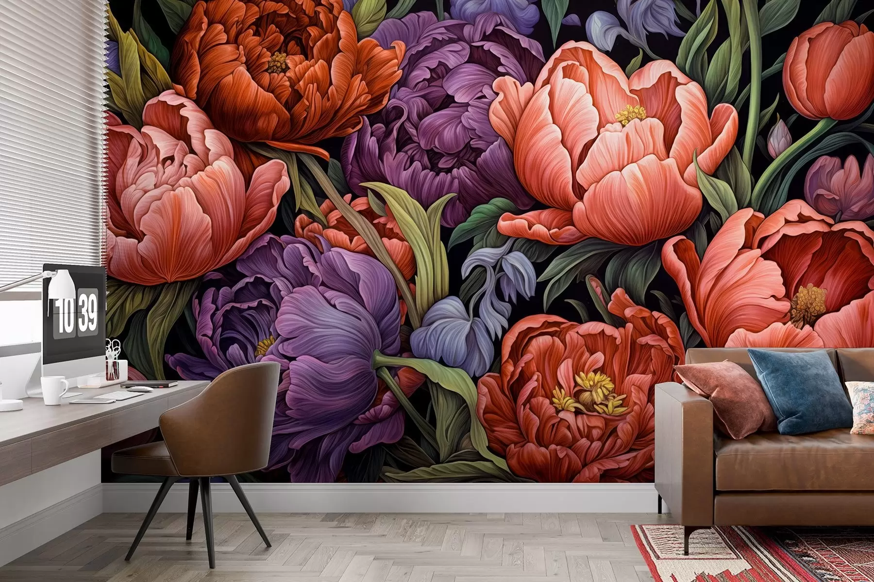 wall murals Tulips and peonies in a Victorian style, in red and purple colors w08818v1