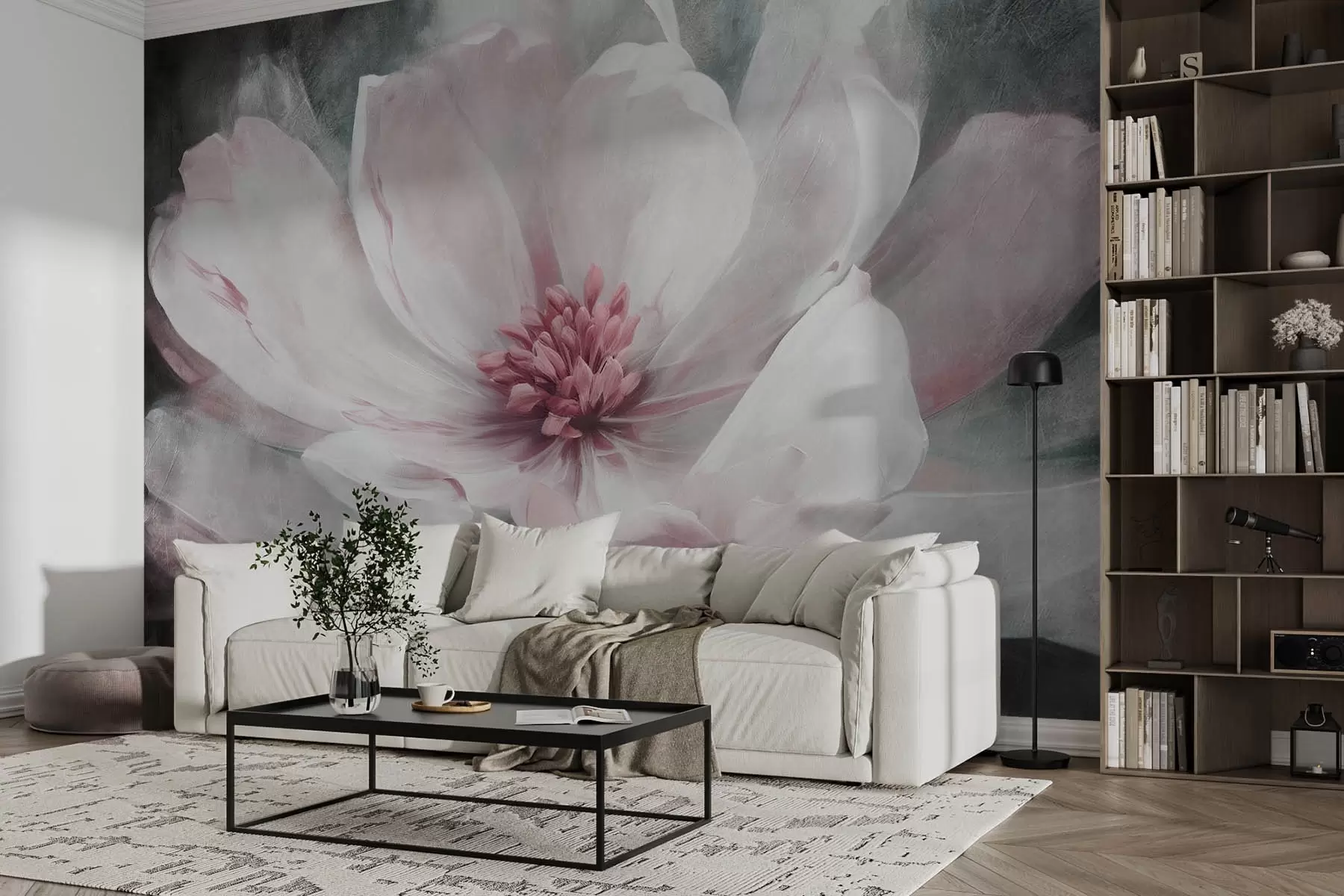 wall murals Large white abstract flower with pink w08864