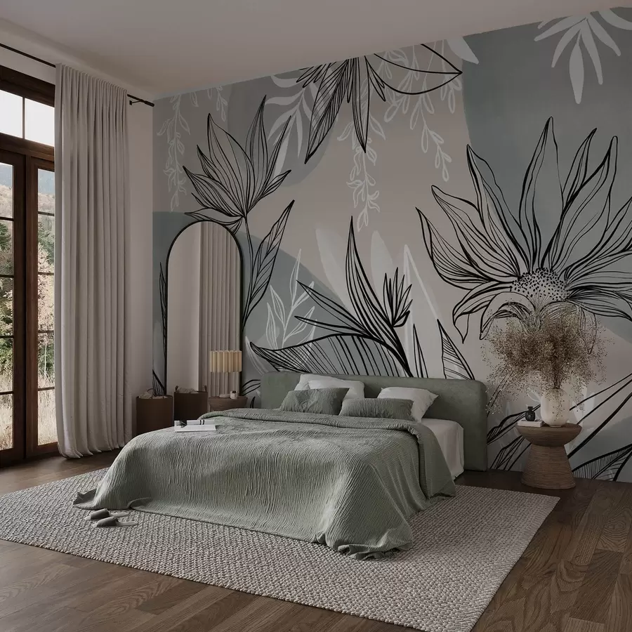 wall murals Floral line art with large leaves and flowers, against a background of beige and blue watercolor washes w08865