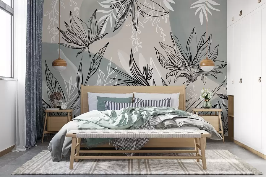 wall murals Floral line art with large leaves and flowers, against a background of beige and blue watercolor washes w08865