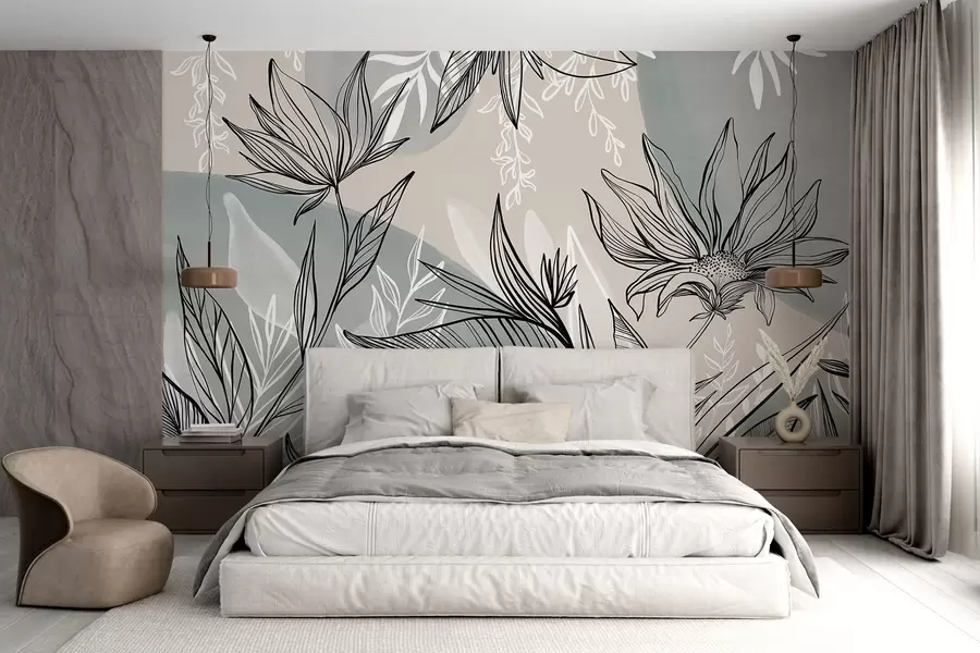 wall murals Floral line art with large leaves and flowers, against a background of beige and blue watercolor washes w08865