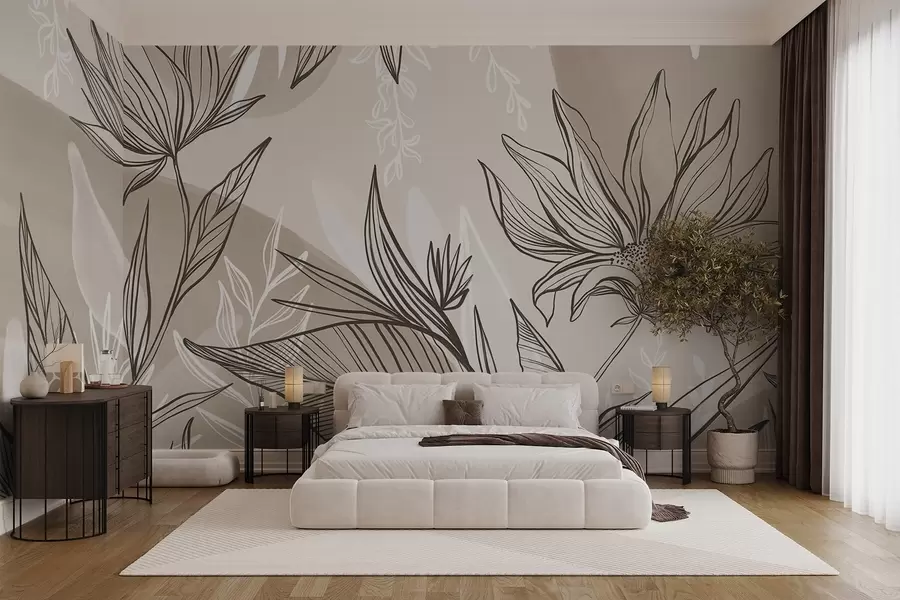 wall murals Floral line art with large leaves and flowers, against a background of beige watercolor washes w08865v1