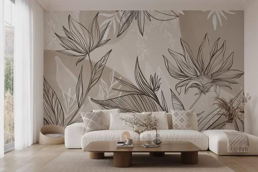 wall murals Floral line art with large leaves and flowers, against a background of beige watercolor washes w08865v1