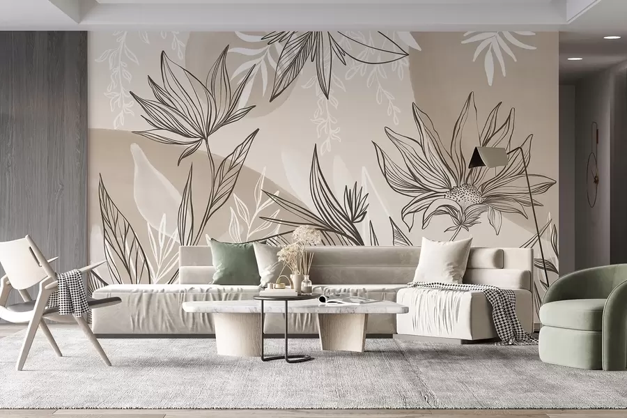 wall murals Floral line art with large leaves and flowers, against a background of beige watercolor washes w08865v1