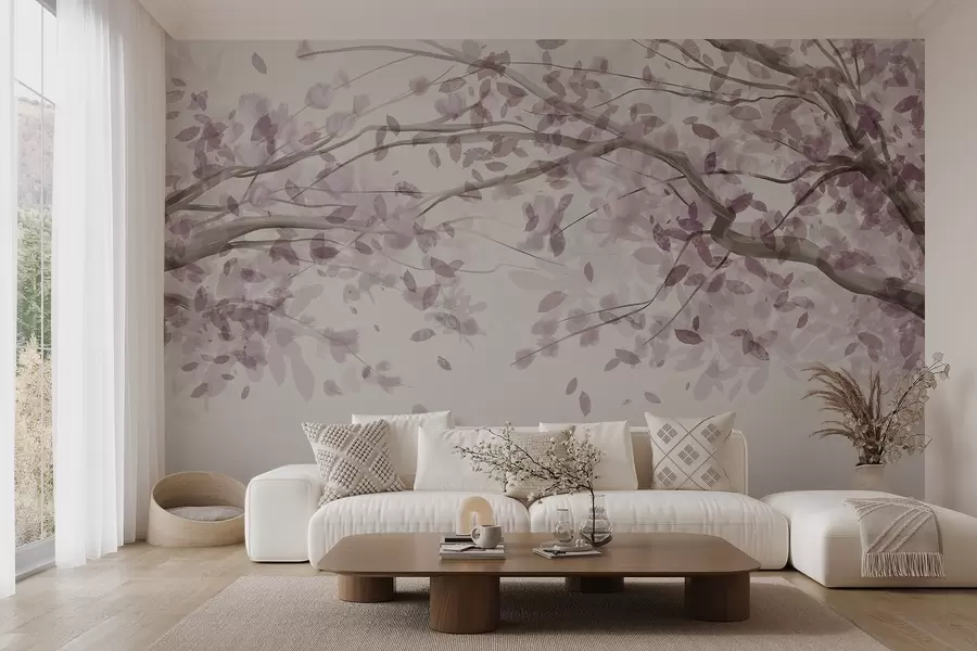 wall murals Blossom branches with pink leaves, soft colors, delicate details, watercolor style, against a light background w08867