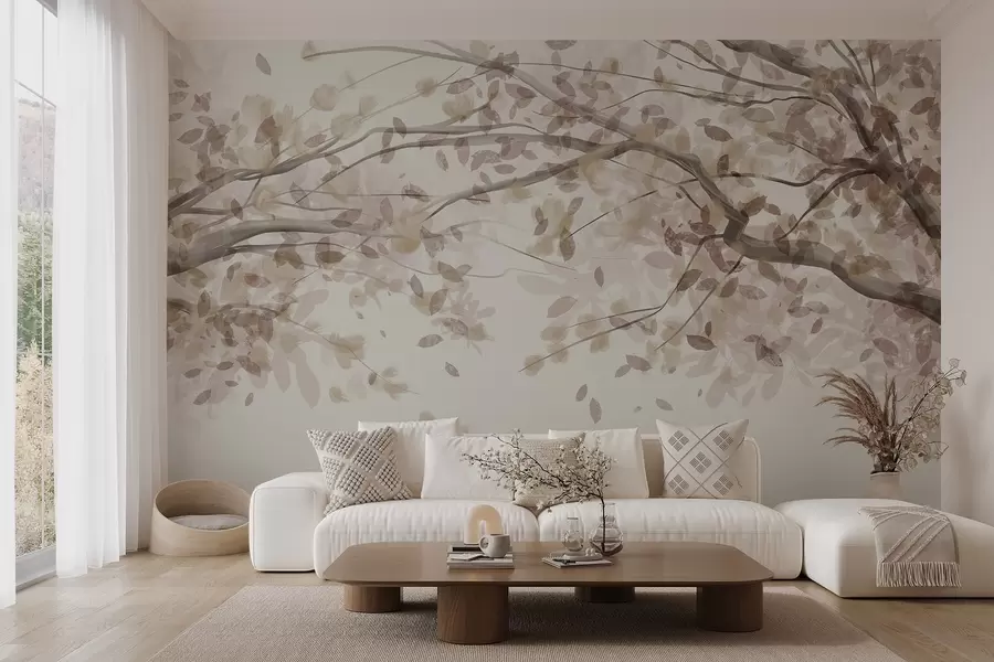 wall murals Blossom branches with beige leaves, soft colors, delicate details, watercolor style, against a light background w08867v1
