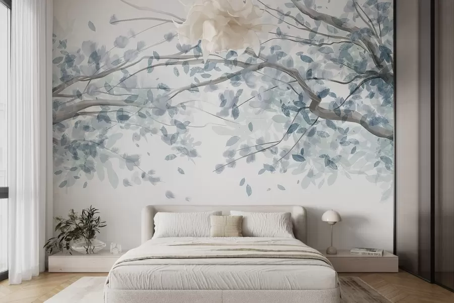 wall murals Blossom branches with blue leaves, soft colors, delicate details, watercolor style, against a light background w08867v2