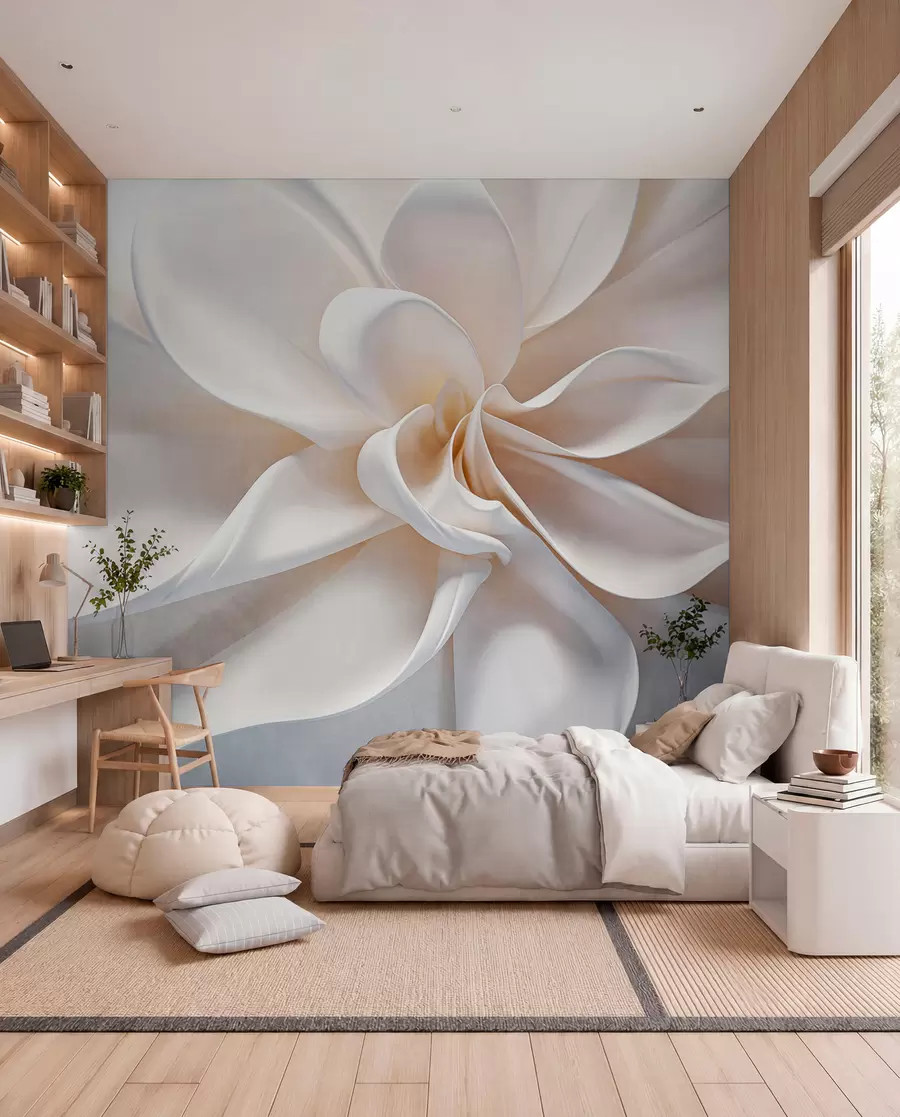 wall murals A white pastel textured minimalistic flower with soft petals, light and airy, on a white background w08868