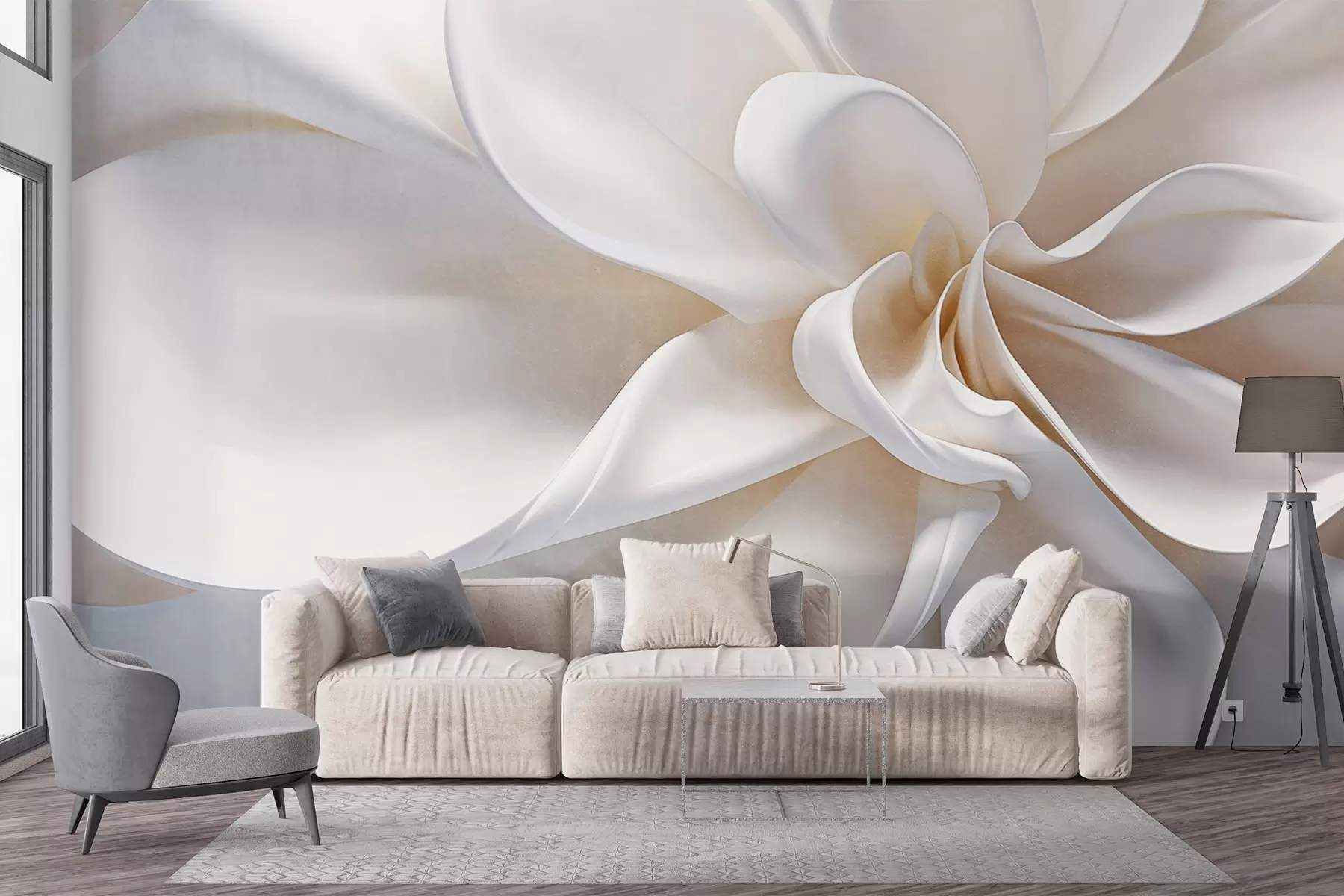 wall murals A white pastel textured minimalistic flower with soft petals, light and airy, on a white background w08868