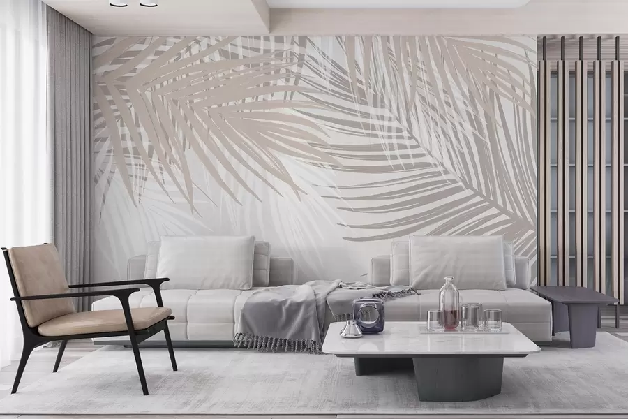 wall murals Palm leaves in light beige and white tones, tropical foliage, soft pastel colors, minimalist design w08869