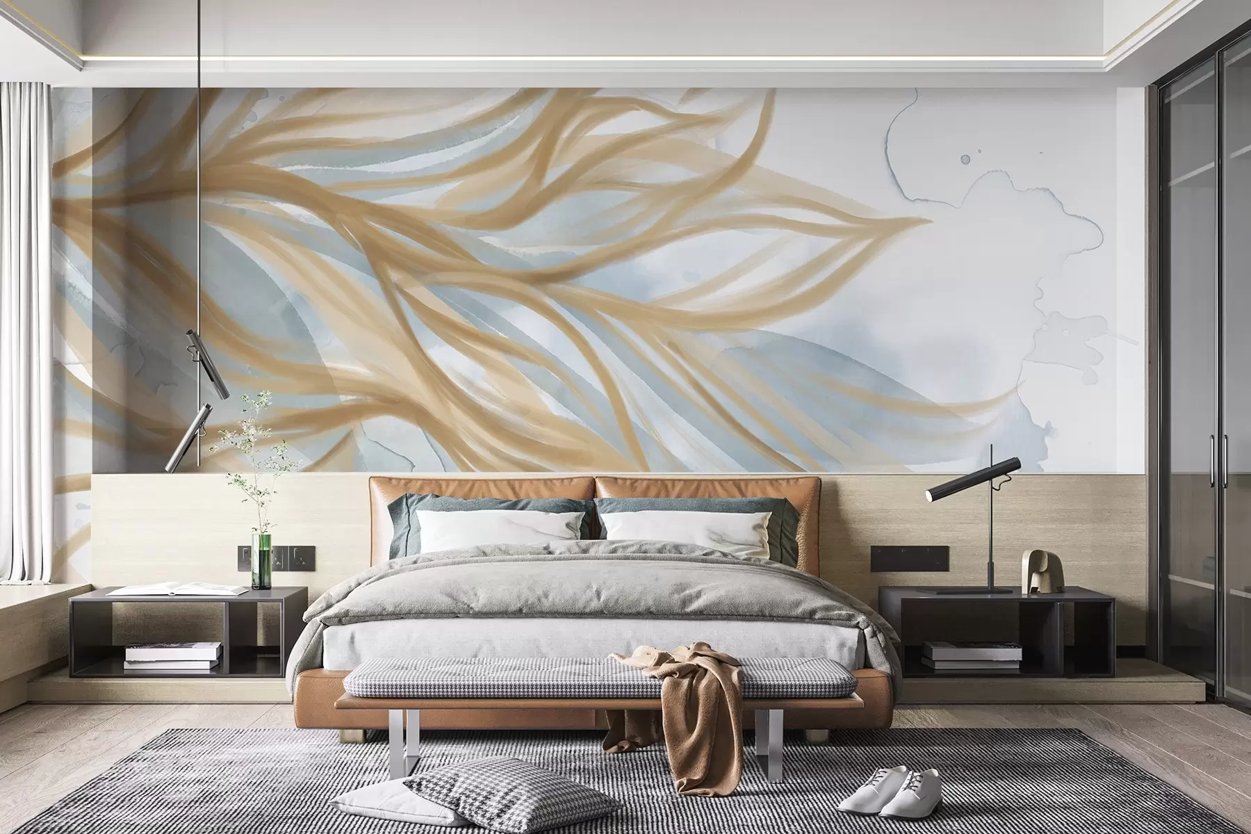 wall murals Abstract yellow leaves with blue watercolor background, soft and delicate, organic shapes, flowing lines w08871