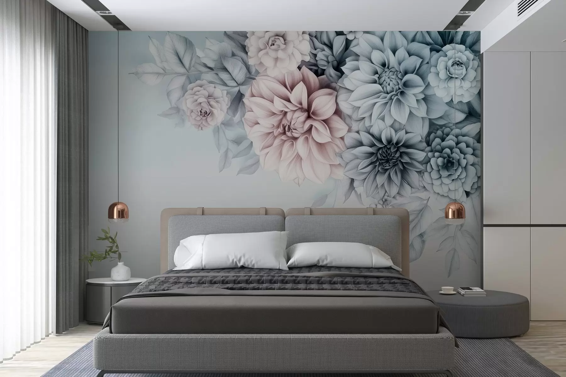 wall murals a bouquet of chrysanthemums on a gray-blue background w03118