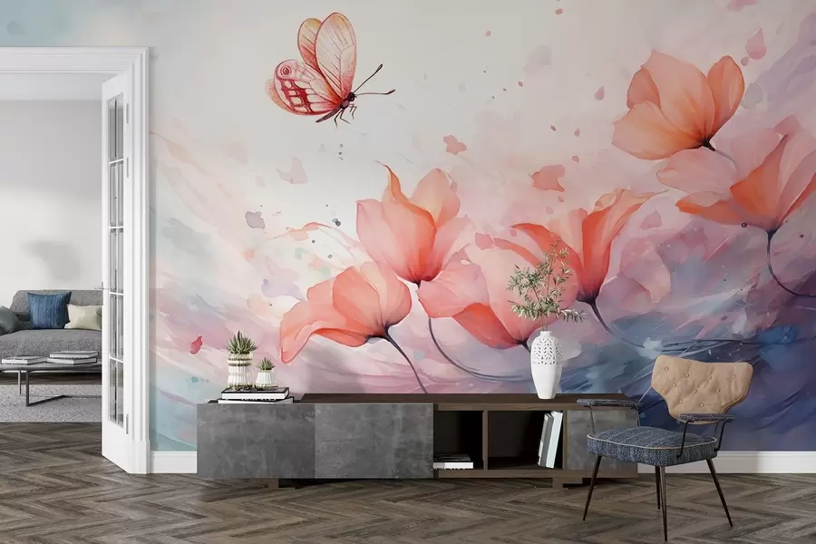 wall murals Delicate poppies with a butterfly in a watercolor style w08849