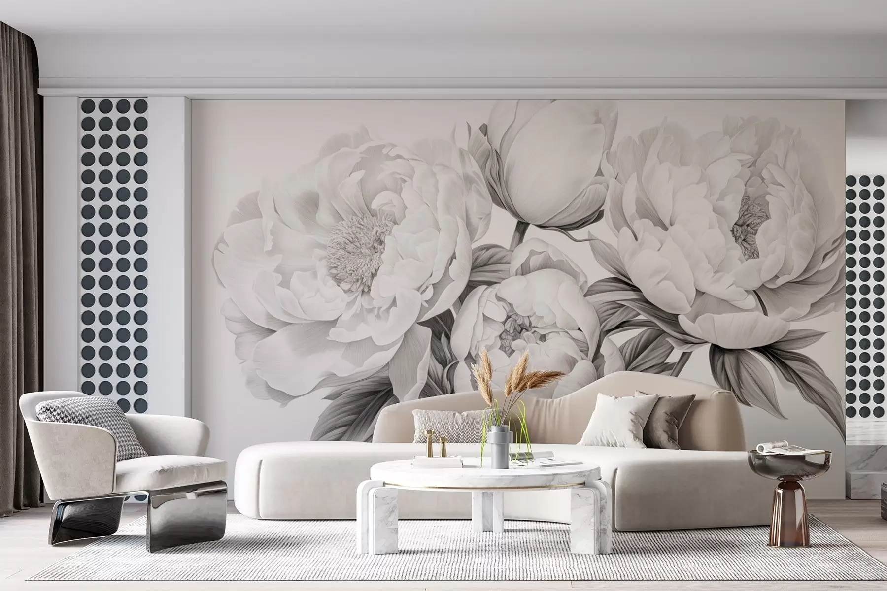 wall murals Black and white peonies in a pencil drawing style w08852