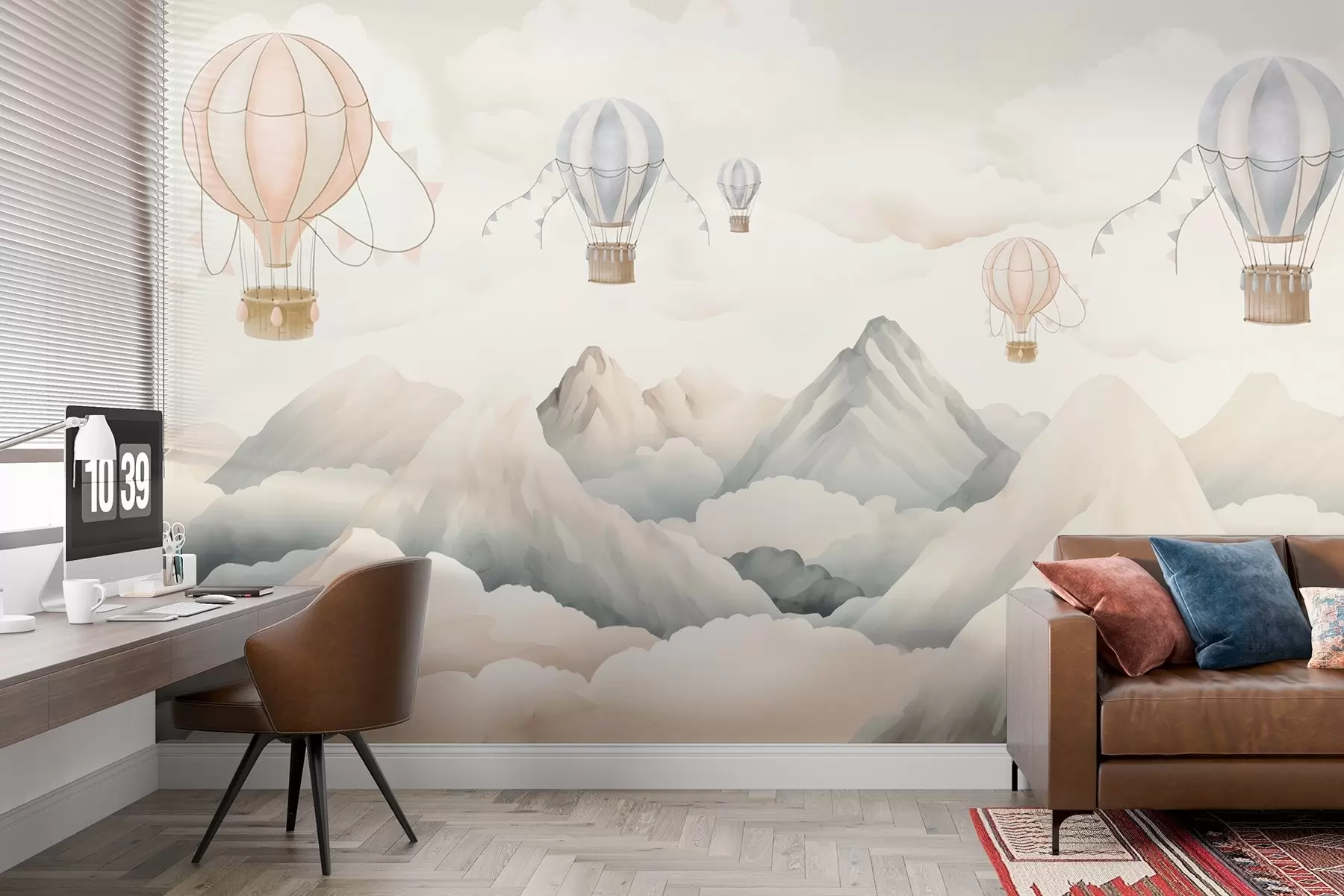 wall murals Hot air balloons floating above mountains in neutral, soft pastel tones w08853