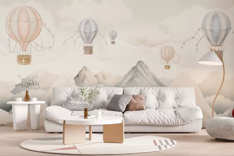 wall murals Hot air balloons floating above mountains in neutral, soft pastel tones w08853