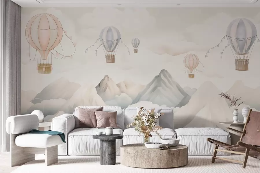 wall murals Hot air balloons floating above mountains in neutral, soft pastel tones w08853