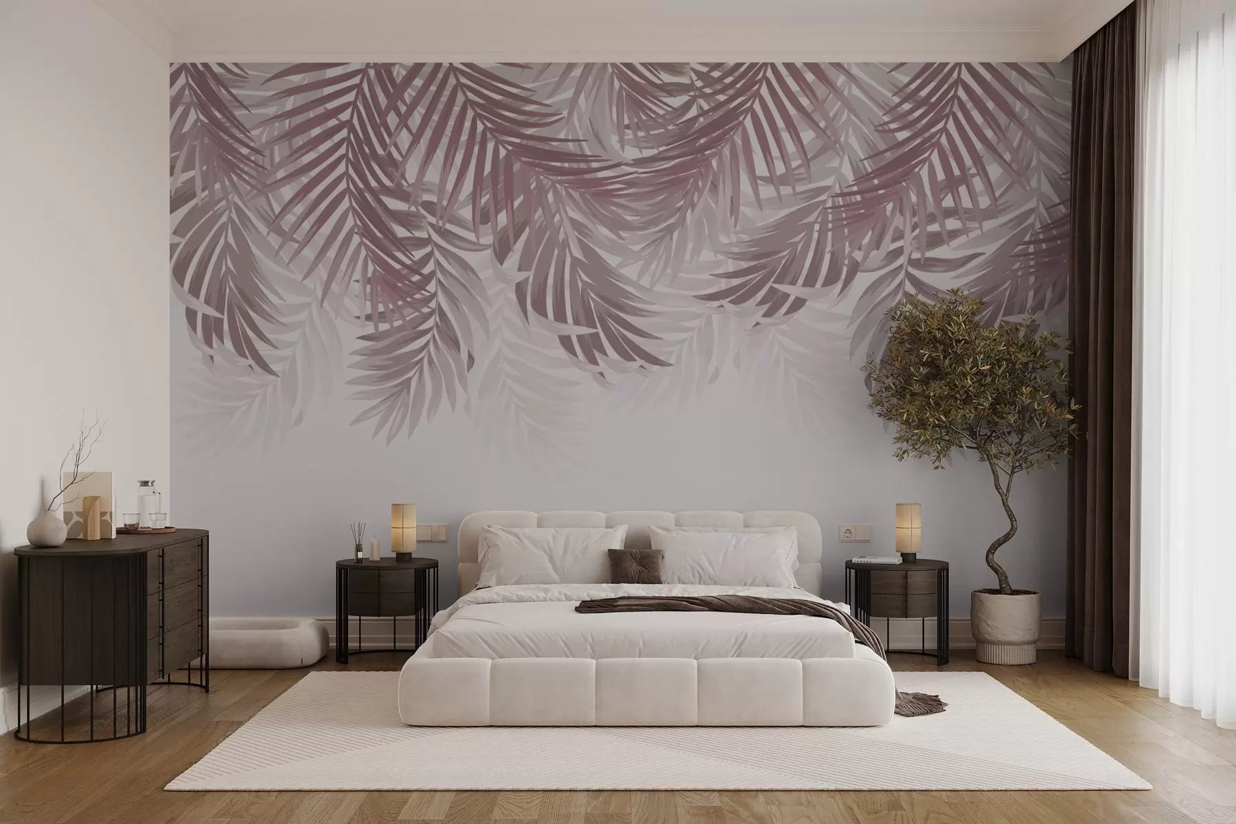 wall murals Burgundy palm leaves from above w03294