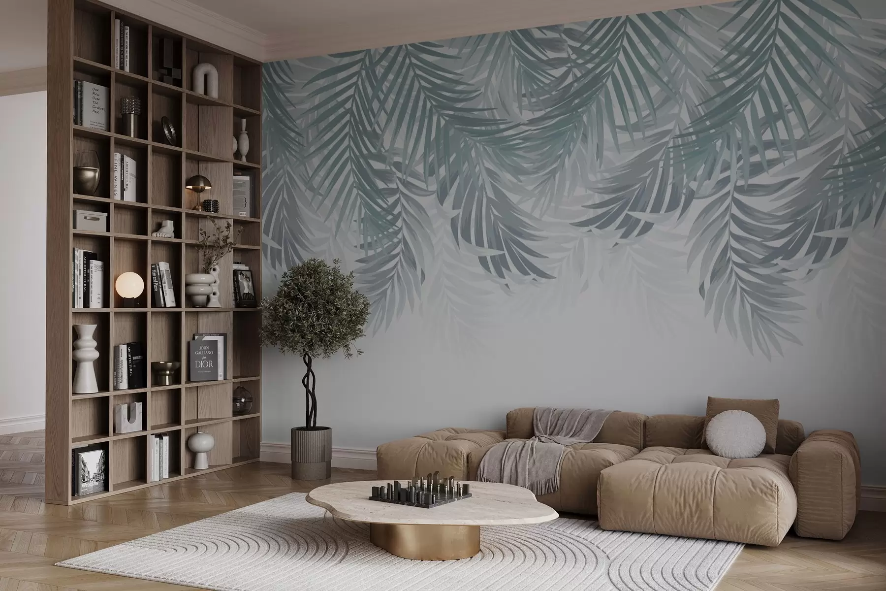 wall murals Turquoise palm leaves from above w03294v1