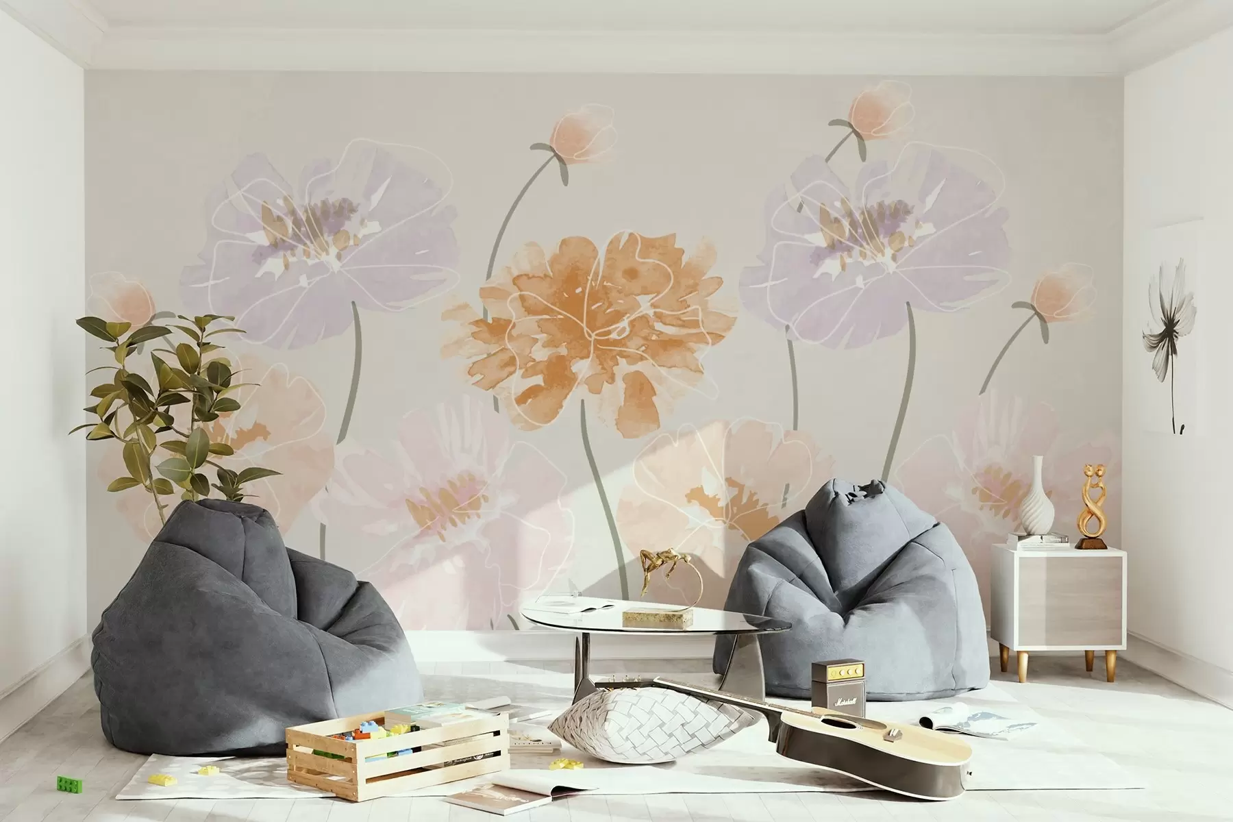 wall murals Large flowers painted under watercolor w03298