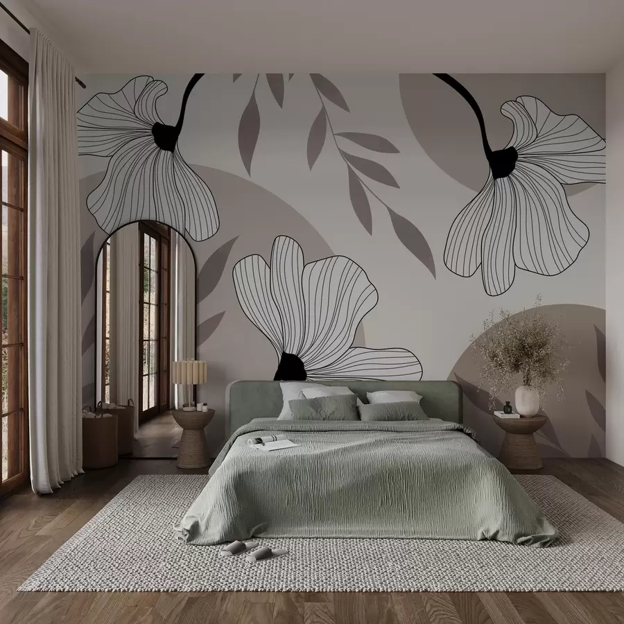 wall murals Abstraction with flowers and leaves in beige tones w03328
