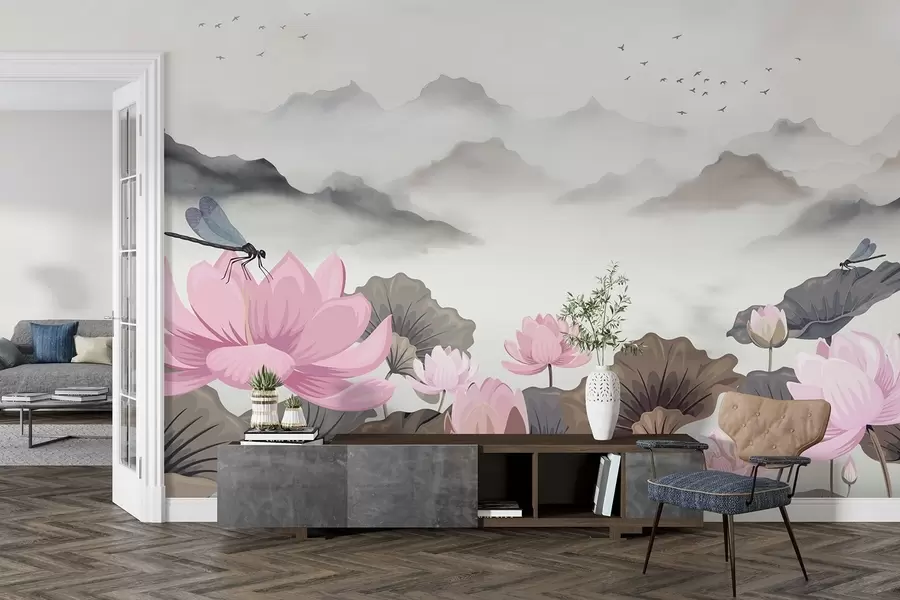 wall murals Mountains with birds in a watercolor style, with water lilies and dragonflies in the foreground w08872