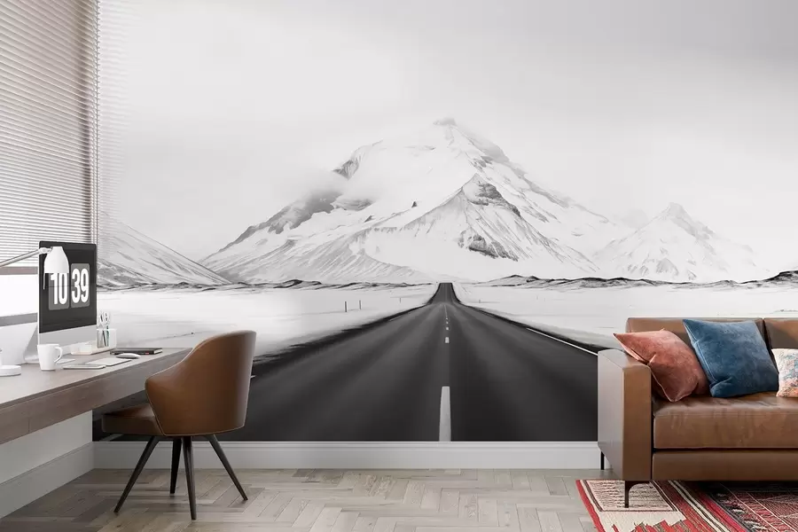 wall murals A black and white landscape with a road leading to the mountains with a light mist w08876
