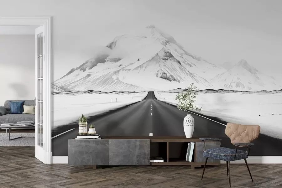 wall murals A black and white landscape with a road leading to the mountains with a light mist w08876