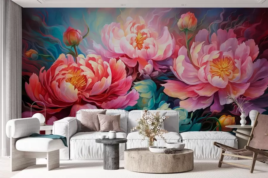 wall murals Fairy-tale pink peonies in a brushstroke style w08879
