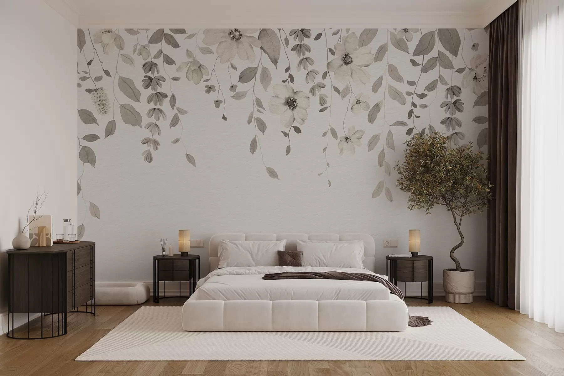 wall murals Hanging watercolor flowers and leaves w03315v1