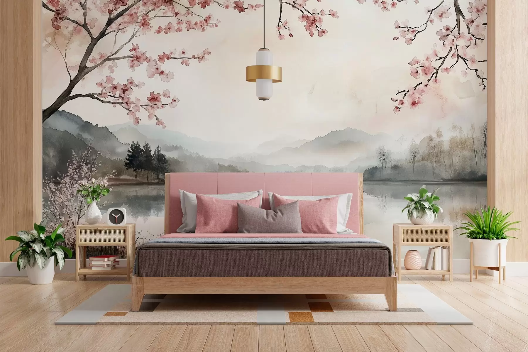 wall murals calm watercolor landscape with a lake and a flowering tree w03282