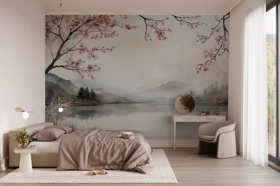 wall murals calm watercolor landscape with a lake and a flowering tree w03282