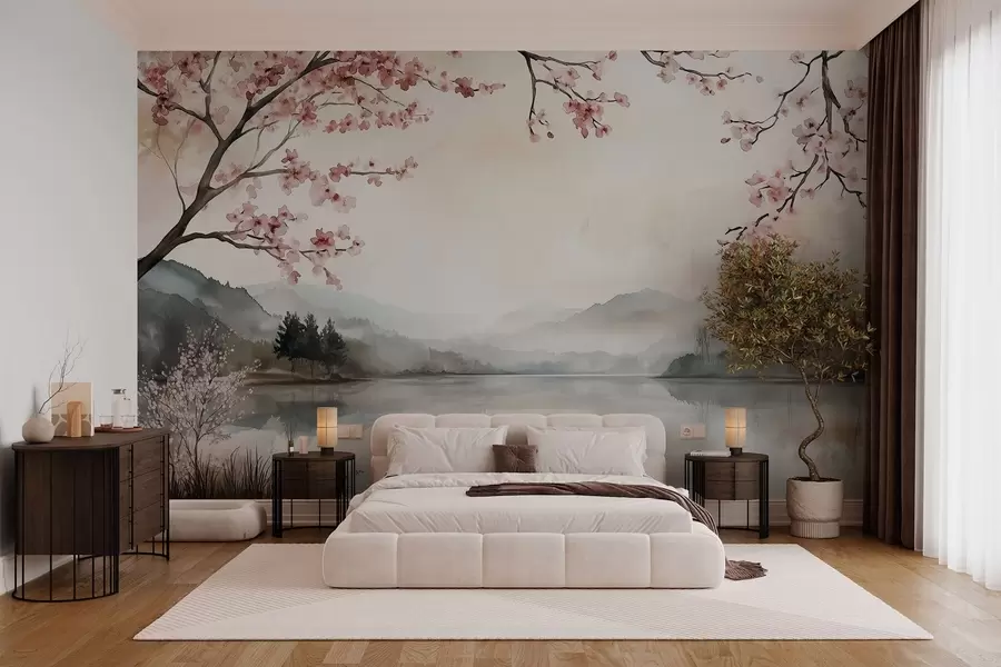 wall murals calm watercolor landscape with a lake and a flowering tree w03282