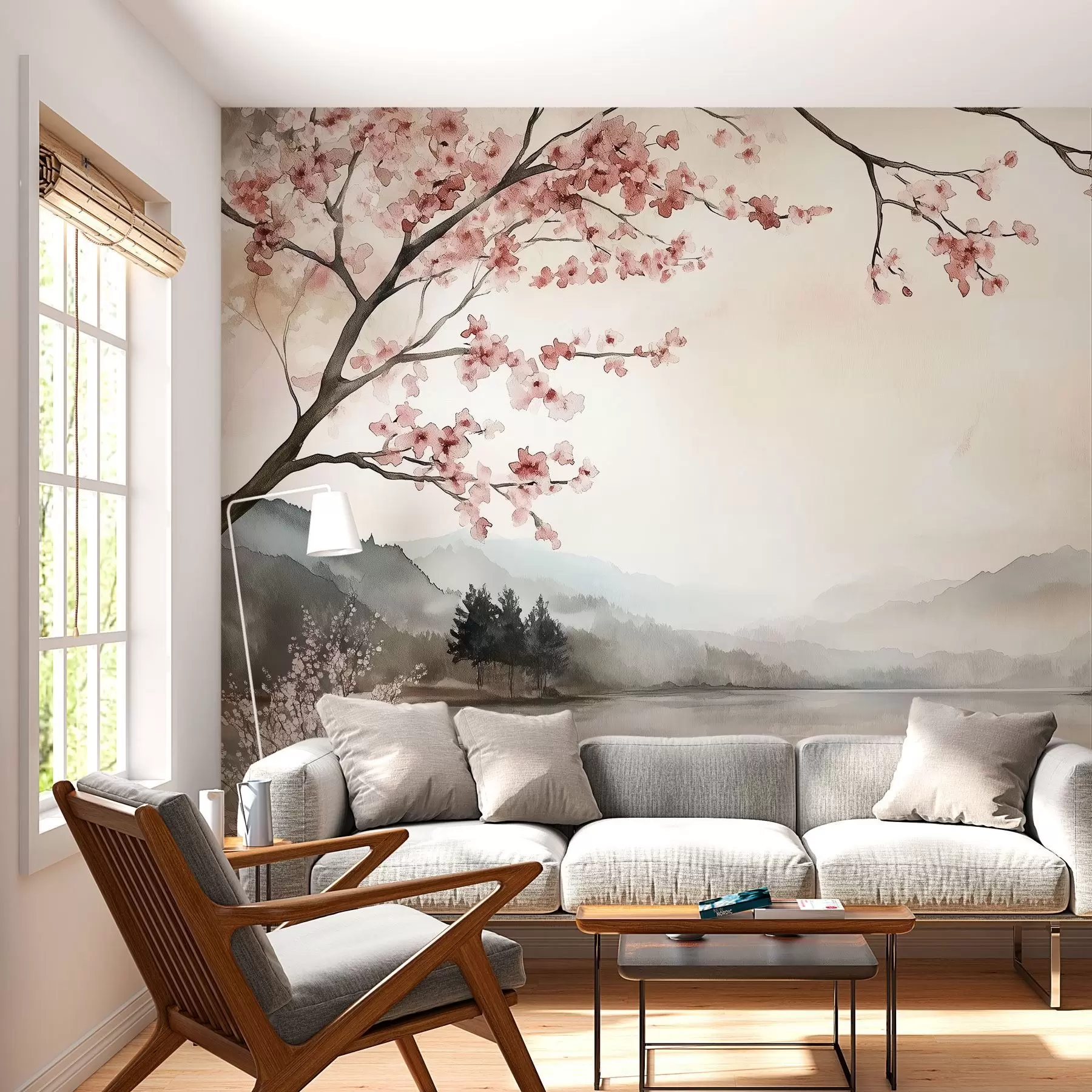 wall murals calm watercolor landscape with a lake and a flowering tree w03282