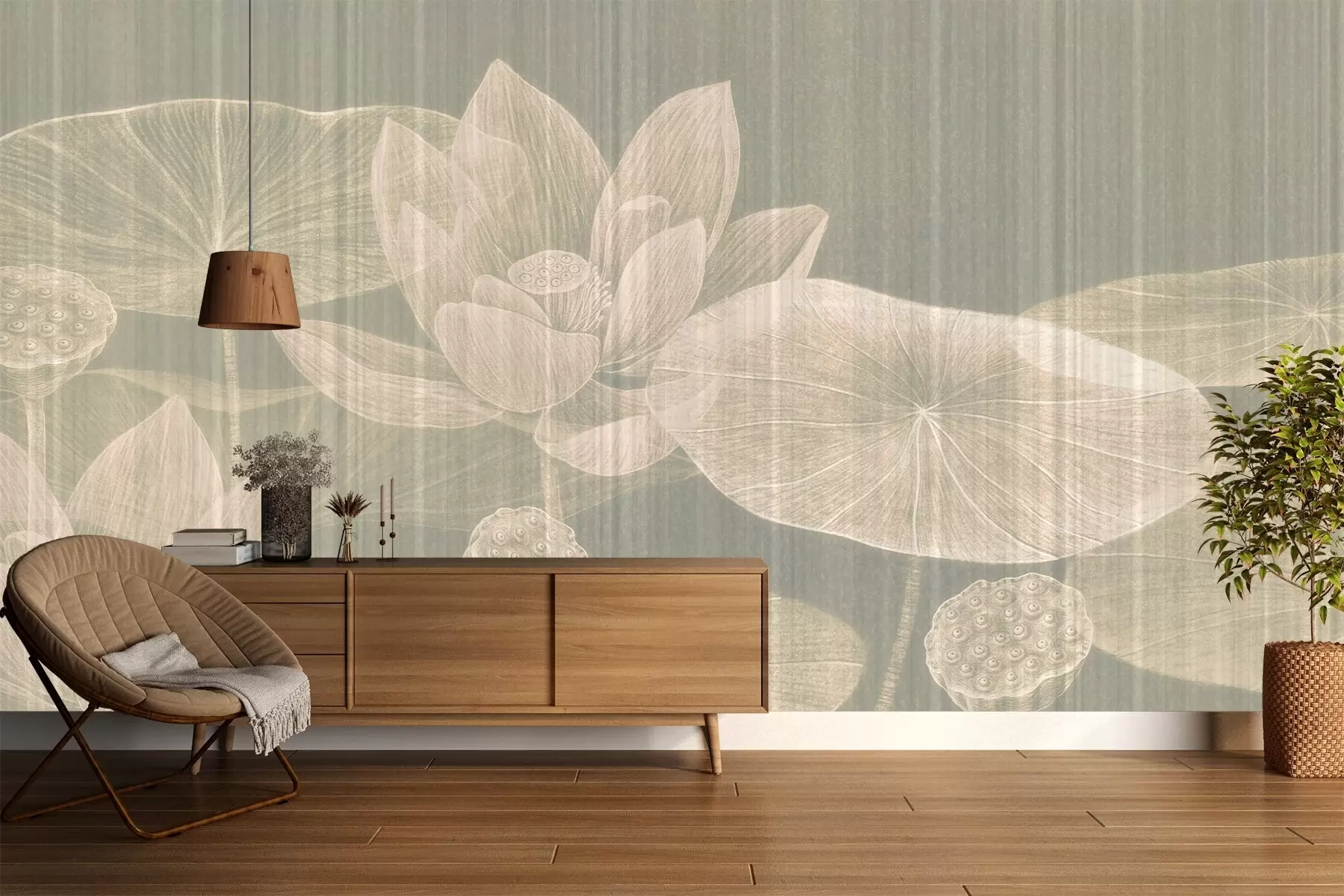 wall murals Elegant illustration of lotuses and lily pads in pastel shades with a textured linen effect, w03324