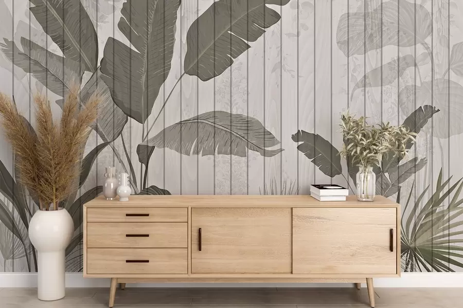 wall murals Elegant botanical illustration with banana leaves and exotic plants on a textured light background w03325