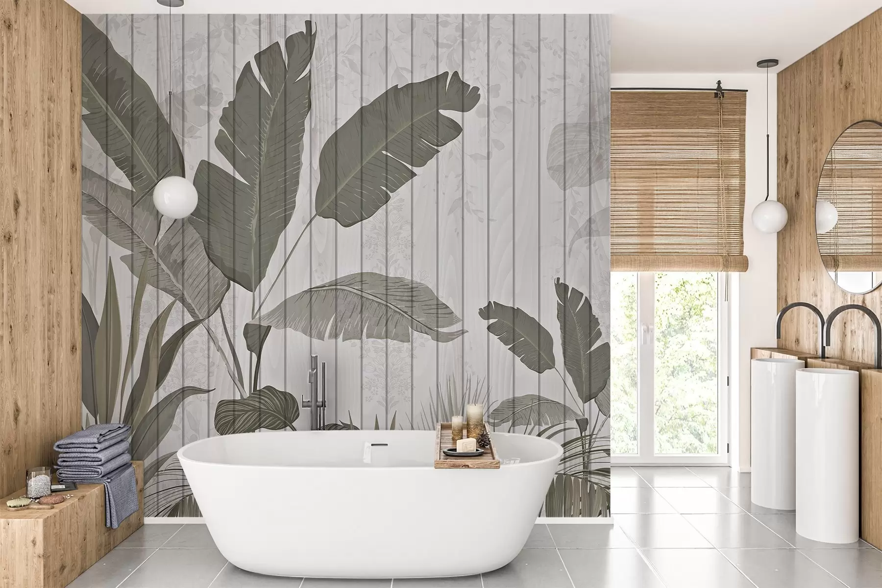 wall murals Elegant botanical illustration with banana leaves and exotic plants on a textured light background w03325