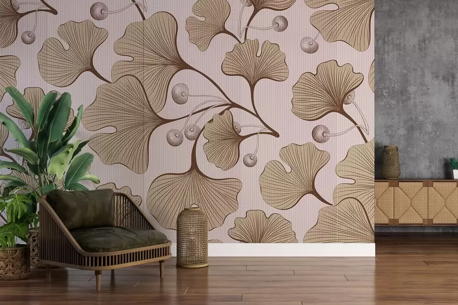 wall murals Detailed illustration of ginkgo leaves on a light textured background w03326v1