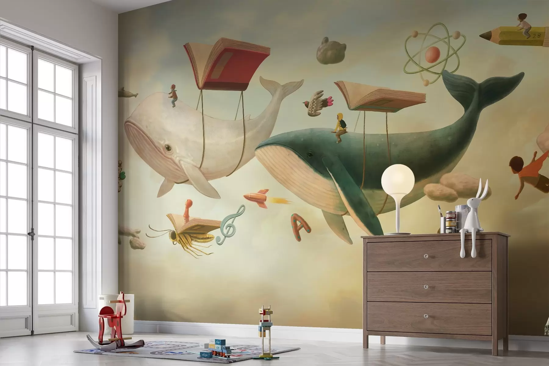 wall murals A whimsical illustration of whales flying in the sky beneath book-shaped balloons w03327v1